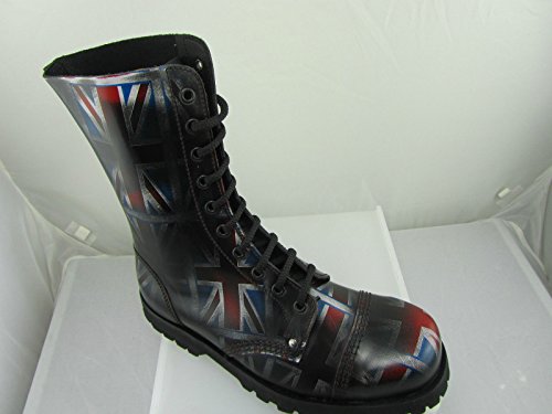 New STEELGROUND Botas Anfibios Unisex Militar Combat Piel Vera 10 Agujeros Negro Tonos Bandera INGLÉS Fashion Rock Moto Punk Ska Super Resistente Punta DE Hierro