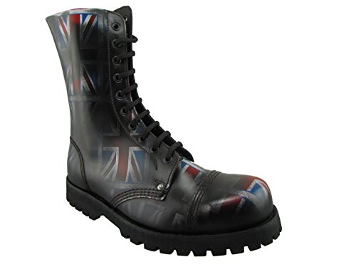 New STEELGROUND Botas Anfibios Unisex Militar Combat Piel Vera 10 Agujeros Negro Tonos Bandera INGLÉS Fashion Rock Moto Punk Ska Super Resistente Punta DE Hierro