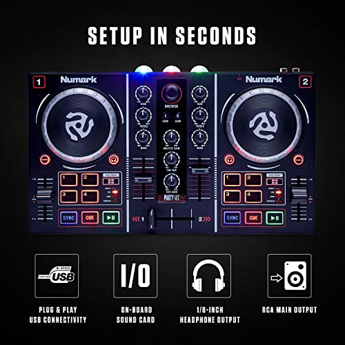 Numark Party Mix - Controlador de DJ plug-and-play de 2 canales para Serato DJ Lite con interfaz de audio incorporada, controles de pad, crossfader, jogwheels y pantalla