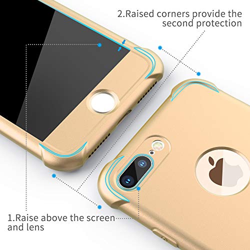 ORETECH Funda iPhone 7 Plus/iPhone 8 Plus, con [2X Protector de Pantalla de Vidrio Templado] 360 Carcasa iPhone 8 Plus Case Silicona Ligera TPU Bumper Rubber Caso para iPhone 7 Plus-Oro