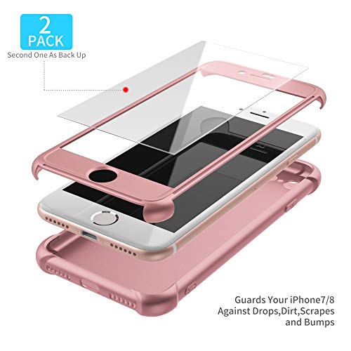 ORETECH Funda iPhone 8, Funda iPhone 7, con [2 x Protector de Pantalla de Vidrio Templado] 360 Carcasa iPhone 7/8 Silicona Ligera Delgado PC TPU Bumper Rubber Caso para iPhone 8/7 4.7'' Oro Rosa