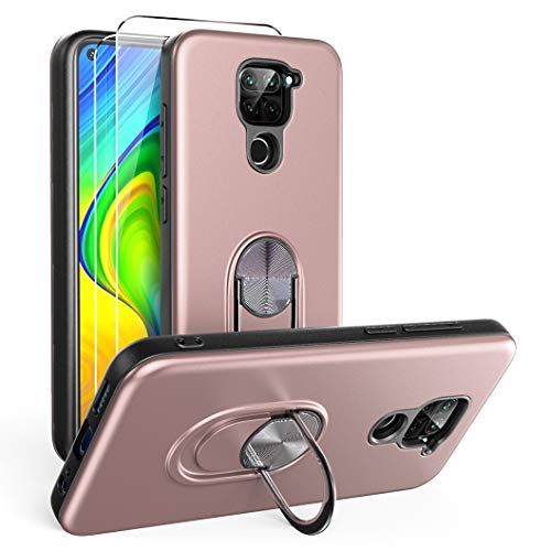 Oududianzi para Xiaomi Redmi Note 9 Funda y 2 Protectores de Pantalla de Vidrio Templado, TPU + PC Funda para teléfono con Soporte de Anillo a Prueba de Golpes para Xiaomi Redmi Note 9-Oro Rosa