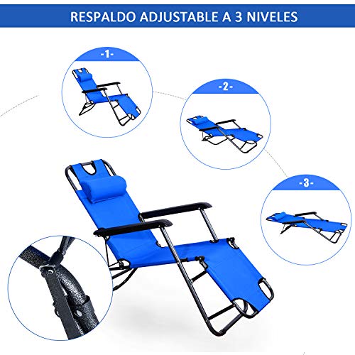 Outsunny Tumbona con Almohada Reclinable y Plegable de Jardín Exterior Piscina Terraza Camping - Color Azul - Tela Oxford y Acero - 153x60x29cm