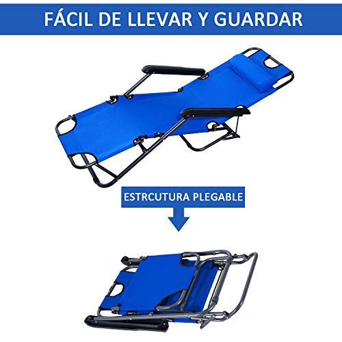 Outsunny Tumbona con Almohada Reclinable y Plegable de Jardín Exterior Piscina Terraza Camping - Color Azul - Tela Oxford y Acero - 153x60x29cm