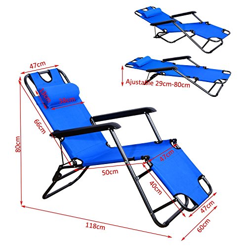 Outsunny Tumbona con Almohada Reclinable y Plegable de Jardín Exterior Piscina Terraza Camping - Color Azul - Tela Oxford y Acero - 153x60x29cm