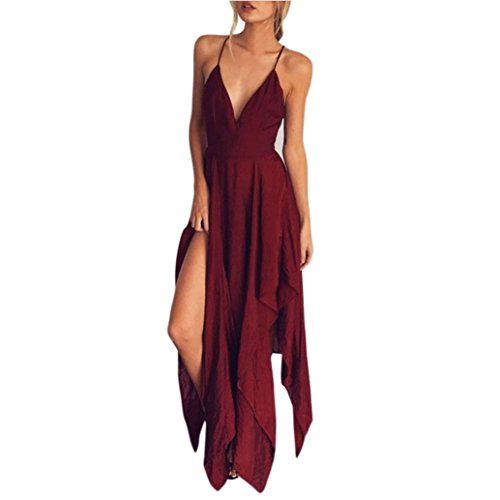 Overdose 2018 Summer Women Boho Long Evening Party Cocktail Empire Chiffon Casual Beach Dress V-Neck Sling Super Fashion Sundress (S, Rojo)