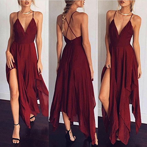 Overdose 2018 Summer Women Boho Long Evening Party Cocktail Empire Chiffon Casual Beach Dress V-Neck Sling Super Fashion Sundress (S, Rojo)