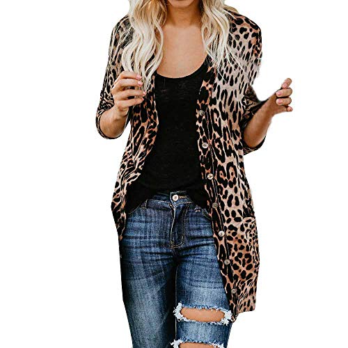 Overdose Moda para Mujer De Manga Larga Estampado De Leopardo Casual AlgodóN Capa Blusa Camiseta Sin Mangas Capa De OtoñO