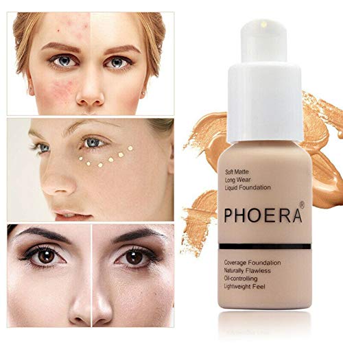 PHOERA Foundation 30ml Foundation Liquid Cobertura total 24HR Matte Oil Control Corrector, 101 Porcelain & 102 Nude con 18ml Face Primer Makeup Sponge Foundation Brush Powder Brush