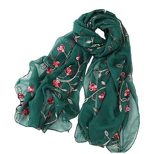 Pluto & Fox Fular De Mujer Bordado Con Flores Bufanda De Seda Diseño Retro Elegante Pañuelo cuello Estola (Verde, 75cm*175cm)