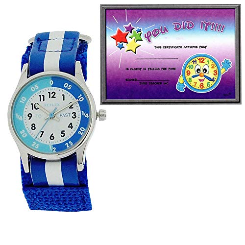 Reflex REFK0001 - Reloj para aprender la hora para niños tiempo (cierre fácil) con diploma condecorativo, color azul y blanco