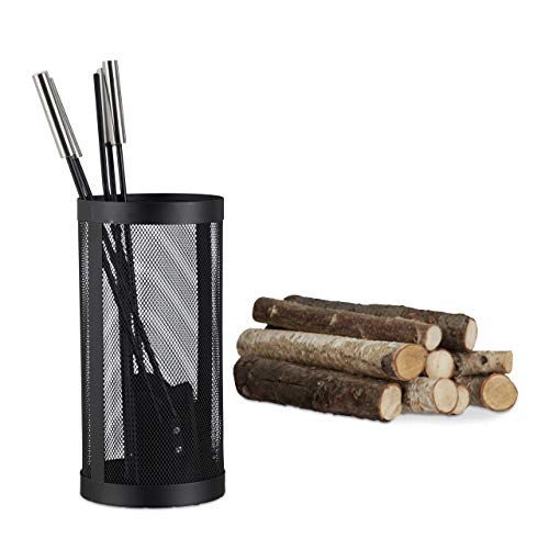 Relaxdays Juego de Utensilios de Chimenea Completo, Acero y Acero Inoxidable, Negro, 5 Unidades