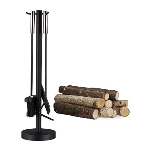 Relaxdays Juego de Utensilios de Chimenea Moderno, Acero y Acero Inoxidable, Negro, 4 Unidades