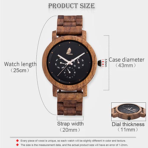 Reloj De Madera para Hombres y Mujeres, CZOKA Natural Nogal Negro/Oliva Movimiento de Cuarzo japonés con Correa Ajustable Artesanía Artesanal Madera Relojes