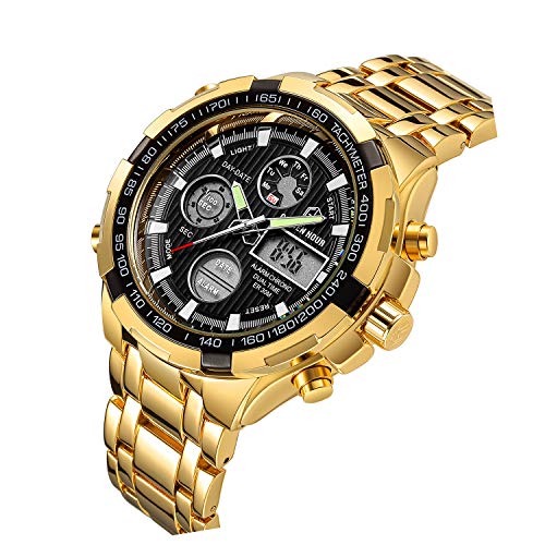 Reloj digital y analógico deportivo de acero inoxidable dorado, con cronógrafo, fecha y alarma, multifunción, resistente al agua, moderno y lujoso, para hombre