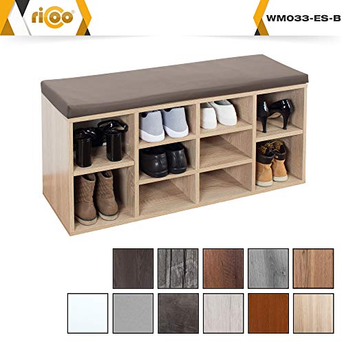 RICOO WM033-ES-B, Banco Zapatero, 104x49x30cm, Armario Interior con Asiento, Organizador Zapatos, Mueble recibidor, Perchero, Madera Roble marrón