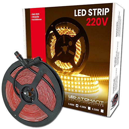 Rollo de 5 metros de Tira de Luz LED Directa a 220v. Color Blanco Calido (3000K). Impermeable. Corte cada 10cm. A++