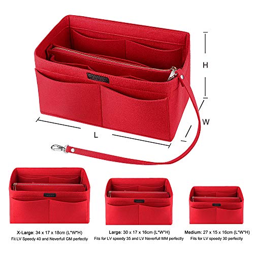 Ropch Bolso Organizador de Fieltro, Organizadores de Bolso Fieltro Bolsa en Bolsa Organizador Bolso Insertar con Bolsa de Cremallera Desmontable y Llavero (Rojo, XL)