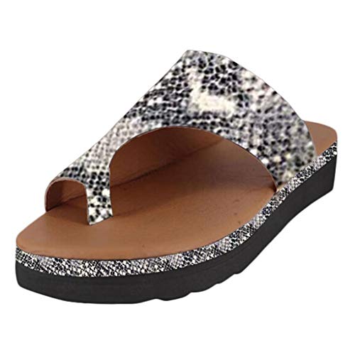 Sandalias Mujer Verano 2019 cáñamo Fondo Grueso Sandalias Punta Abierta Cuero Fondo Plano Zapatos Bohemias Romanas Hebilla Zapatillas Gris 35-43 riou