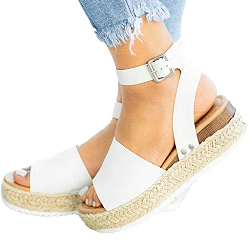 Sandalias Mujer Verano 2019 cáñamo Fondo Grueso Sandalias Punta Abierta Cuero Fondo Plano Zapatos Bohemias Romanas Hebilla Zapatillas Gris 35-43 riou