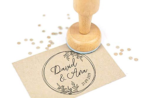 Sello Boda Personalizado, Sello de Madera con tampón de tinta, Sellos Personalizados Boda | Corona Flores Boho