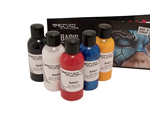 Senjo Color ® Airbrush Set de colores (para la cara y el cuerpo) Colores probados dermatológicamente (5 x75ml) Colores: Negro, Blanco, Rojo, Amarillo y Azul