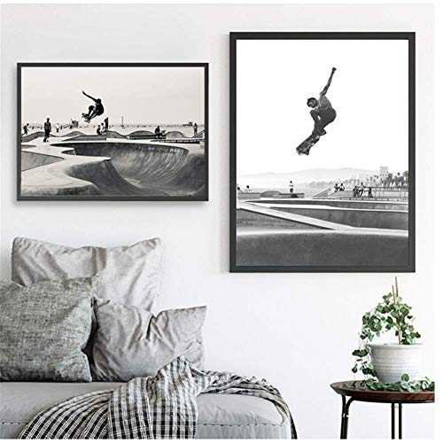 Skate park Canvas Art Poster Prints Angeles Venice Beach Photography Foto en blanco y negro Pintura Home Wall Art Decor -60x80cmx2pcs- Sin marco