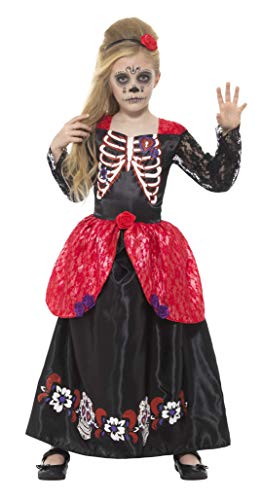 Smiffy'S 45188S Disfraz De Chica Deluxe Del Día De Muertos Con Vestido Y Diadema, Negro, S - Edad 4-6 Años