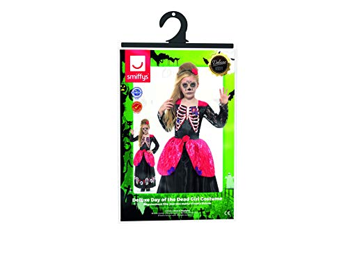 Smiffy'S 45188S Disfraz De Chica Deluxe Del Día De Muertos Con Vestido Y Diadema, Negro, S - Edad 4-6 Años