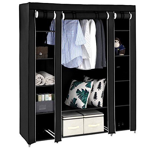 SONGMICS Armario Portátil, Armario Plegable, Organizador de Ropa con Rieles para Colgar, Estantes, Cubierta de Tela, para el Dormitorio 150 x 45 x 175 cm, Negro LSF03H