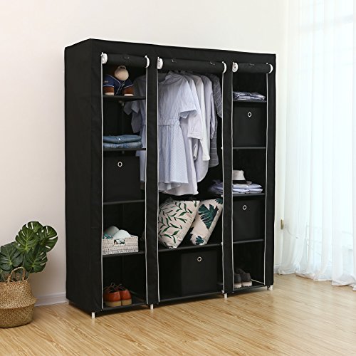 SONGMICS Armario Portátil, Armario Plegable, Organizador de Ropa con Rieles para Colgar, Estantes, Cubierta de Tela, para el Dormitorio 150 x 45 x 175 cm, Negro LSF03H