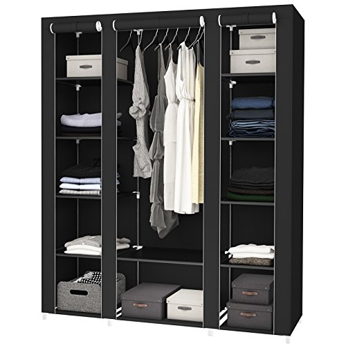 SONGMICS Armario Portátil, Armario Plegable, Organizador de Ropa con Rieles para Colgar, Estantes, Cubierta de Tela, para el Dormitorio 150 x 45 x 175 cm, Negro LSF03H