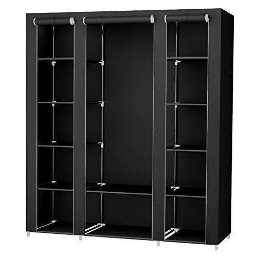 SONGMICS Armario Portátil, Armario Plegable, Organizador de Ropa con Rieles para Colgar, Estantes, Cubierta de Tela, para el Dormitorio 150 x 45 x 175 cm, Negro LSF03H