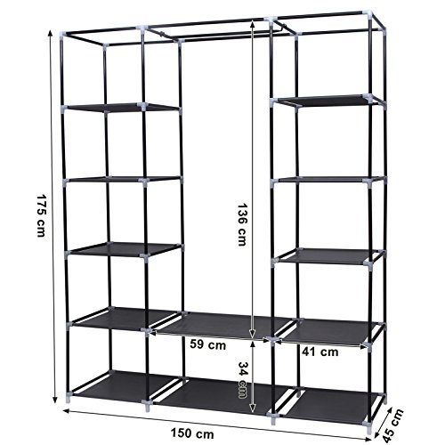 SONGMICS Armario Portátil, Armario Plegable, Organizador de Ropa con Rieles para Colgar, Estantes, Cubierta de Tela, para el Dormitorio 150 x 45 x 175 cm, Negro LSF03H