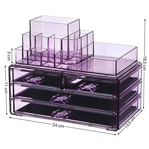 SONGMICS Organizador Cosmético, Estuche de Maquillaje con 4 Cajones y 11 Compartimentos de Diferentes Tamaños, Esteras Antideslizantes, Maquillaje y Joyería, Color Lavanda JKA001PL