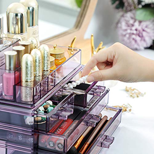 SONGMICS Organizador Cosmético, Estuche de Maquillaje con 4 Cajones y 11 Compartimentos de Diferentes Tamaños, Esteras Antideslizantes, Maquillaje y Joyería, Color Lavanda JKA001PL