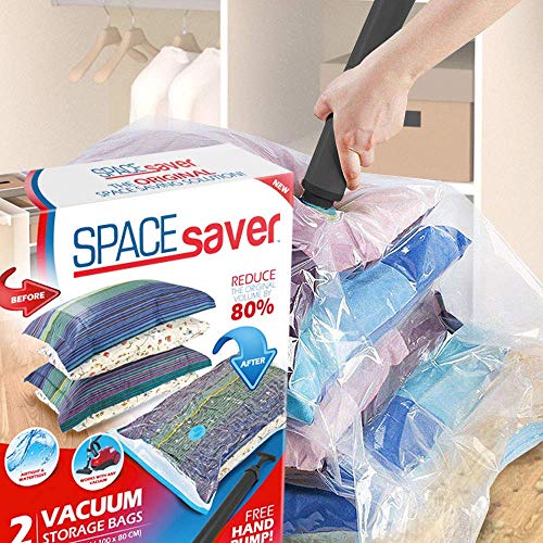 Space Saver Premium Jumbo Bolsas para Almacenamiento al vacío (80% más Almacenamiento Que Marcas Principales, Incluye Bomba de Mano para Viajes.) (2 Unidades)