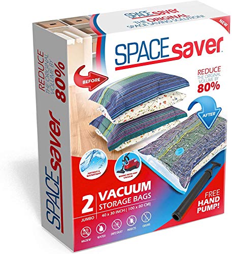 Space Saver Premium Jumbo Bolsas para Almacenamiento al vacío (80% más Almacenamiento Que Marcas Principales, Incluye Bomba de Mano para Viajes.) (2 Unidades)