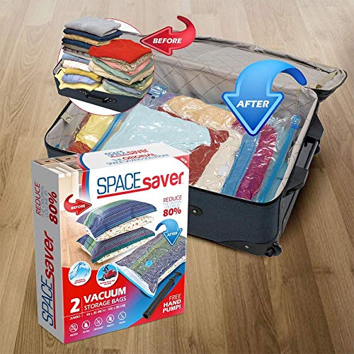 Space Saver Premium Jumbo Bolsas para Almacenamiento al vacío (80% más Almacenamiento Que Marcas Principales, Incluye Bomba de Mano para Viajes.) (2 Unidades)