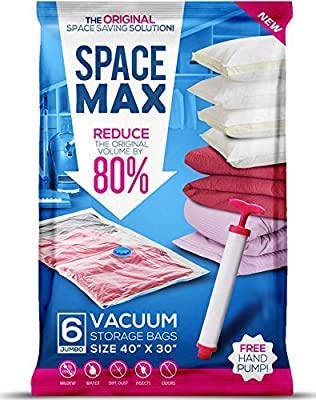 Spacemax Premium Bolsas de vacío reutilizables (Jumbo 6 paquetes) Ahorra un 80% más espacio de almacenamiento doble cremallera y válvula de toma, bomba de mano de viaje incluida