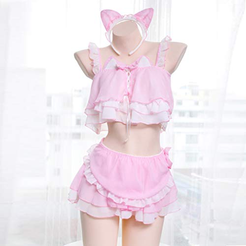 suoryisrty Womens Cute Cat Ears Cosplay Lencería Set Lolita Anime Chiffon Ruffles Crop Top Falda Delantal Sexy Maid Costume Uniform Nightwear - Negro