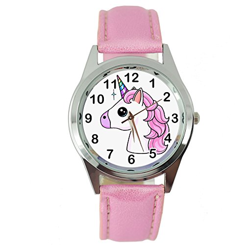 TAPORT® - Reloj de cuarzo con diseño de unicornio y correa de piel rosa, con pila de repuesto y bolsa para regalo