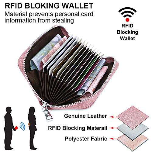 Tarjetero para Tarjetas de Crédito para Hombre Mujer RFID Titular de la Tarjeta de Crédito de Cuero con 11 Ranuras para Tarjetas y 2 Ranuras de Moneda Carteras Monederos con Cremallera (Rosado)