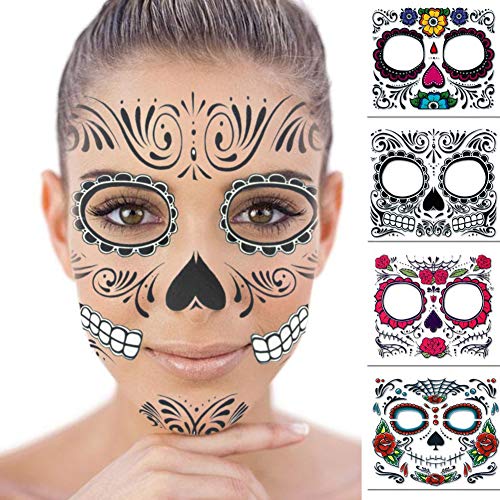 Tatuaje temporal de la cara Diseño de rosa, 4 piezas Regalos de Navidad Etiquetas engomadas del tatuaje de Halloween, Día de los muertos Maquillaje para la fiesta de disfraces de Navidad