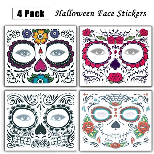 Tatuaje temporal de la cara Diseño de rosa, 4 piezas Regalos de Navidad Etiquetas engomadas del tatuaje de Halloween, Día de los muertos Maquillaje para la fiesta de disfraces de Navidad