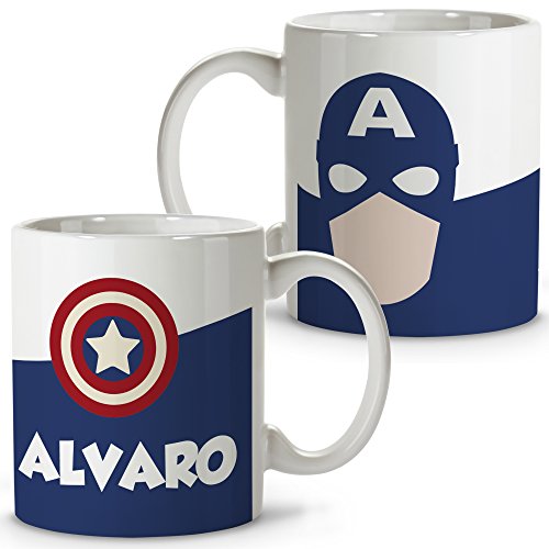 Taza Superhéroes Personalizada con Nombre. Regalo Friki. Varios Diseños y Colores Interior. Capitán América