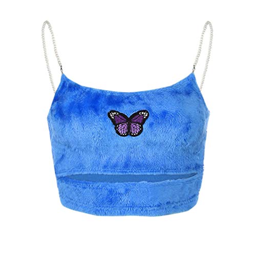 TENDYCOCO Crop Cami Top Felpa Bordado Mariposa Camisola Perla Tiras sin Mangas Camisetas Cortas sin Mangas Verano Club Fiesta Playa Top para Niñas Mujeres Damas (Azul Talla S)