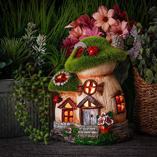 TERESA'S COLLECTIONS 19.5cm Adorno de Jardín Casa de Hadas Luz Solar LED, Decoracion de Jardin de Casa del árbol de Resina con Flocado Verde Efecto Musgo y Mariquita, Decoracion de Navidad para Hogar