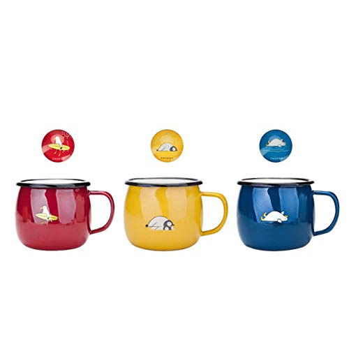 Tetera Regalo de la taza del esmalte con refrigerador magnético engomada, juego de 3 tazas de consumición 430ml for niños y adultos, rojo / amarillo / verde / azul, estampado de animales de garrapatas