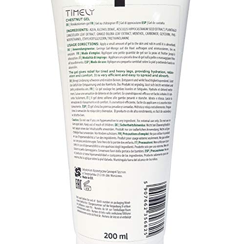 Timely - Gel de castaño para piernas cansadas y pesadas con mentol, extracto de castaño de Indias, extracto de plátano y extracto de gingko biloba, 200 ml